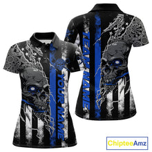 Load image into Gallery viewer, Custom Blue Line American Flag Patriotic Skull Dart Women Polo Shirt, Halloween Outfit IPHW9692