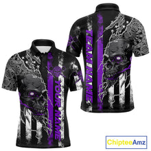 Load image into Gallery viewer, Custom Purple Line American Flag Patriotic Skull Dart Men Polo Shirts, Halloween Dart Outfit IPHW9693