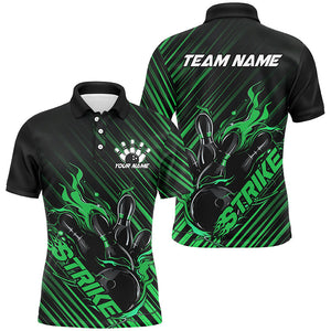 Custom Black And Green Flame Bowling Shirts For Men, Strike Bowling Team Shirts Outfit Bowling IPHW7425