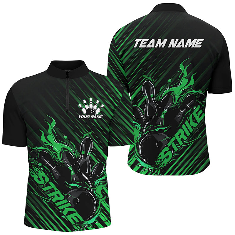 Custom Black And Green Flame Bowling Shirts For Men, Strike Bowling Team Shirts Outfit Bowling IPHW7425