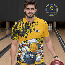 Load image into Gallery viewer, Custom Funny Bowling Beer Men Polo Shirts, Yellow Camo Bowling Ball Pattern Bowling Jersey IPHW9825