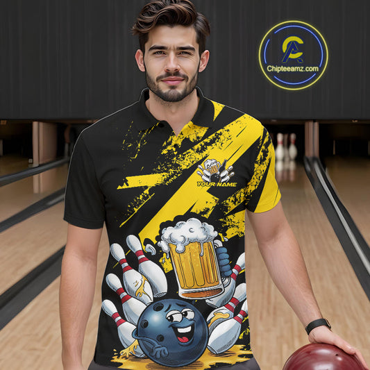 Custom Grunge Yellow Funny Bowling And Beer Polo Shirts For Men, Bowling Team Outfit IPHW9831