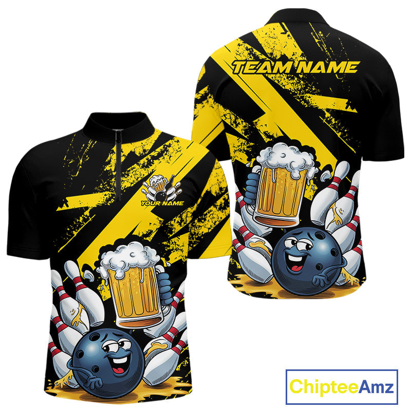 Custom Grunge Yellow Funny Bowling And Beer Quarter-Zip Shirts For Men, Bowling Team Outfit IPHW9831