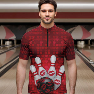 Bowling Kisses Red Heart Theme Custom Valentines Day Bowling Quarter-Zip Shirts For Men IPHW8366