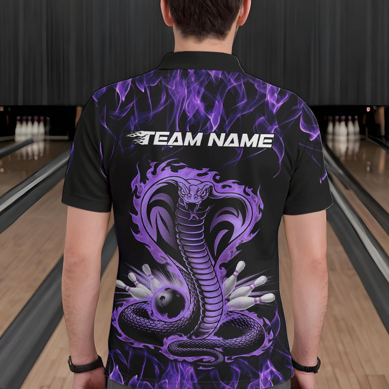 Custom Black And Purple Flame Cobra Snake Bowling Polo Shirts For Men, Bowling Team Uniform IPHW8569