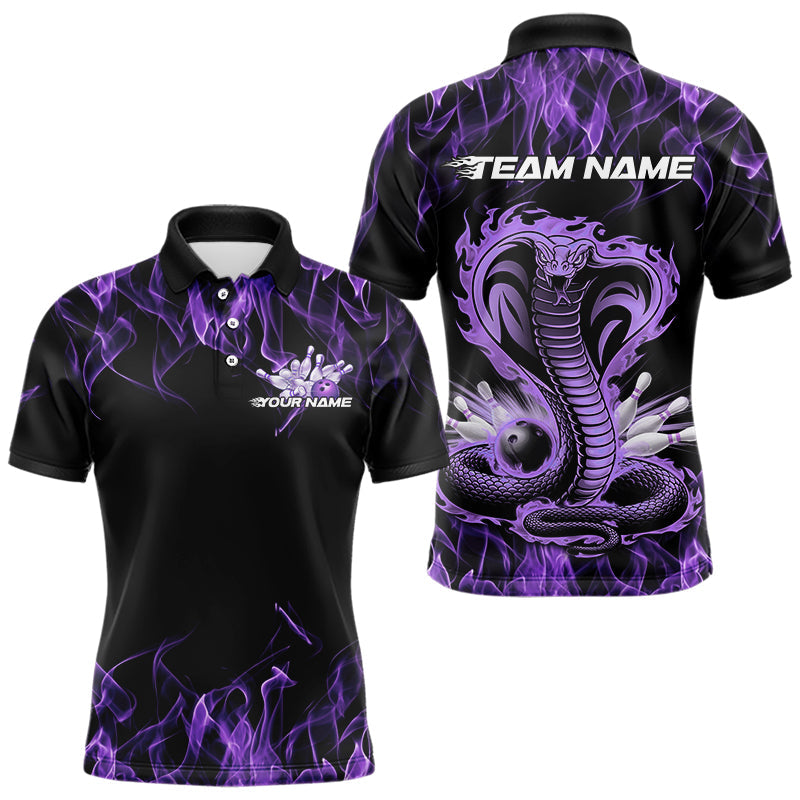 Custom Black And Purple Flame Cobra Snake Bowling Polo Shirts For Men, Bowling Team Uniform IPHW8569