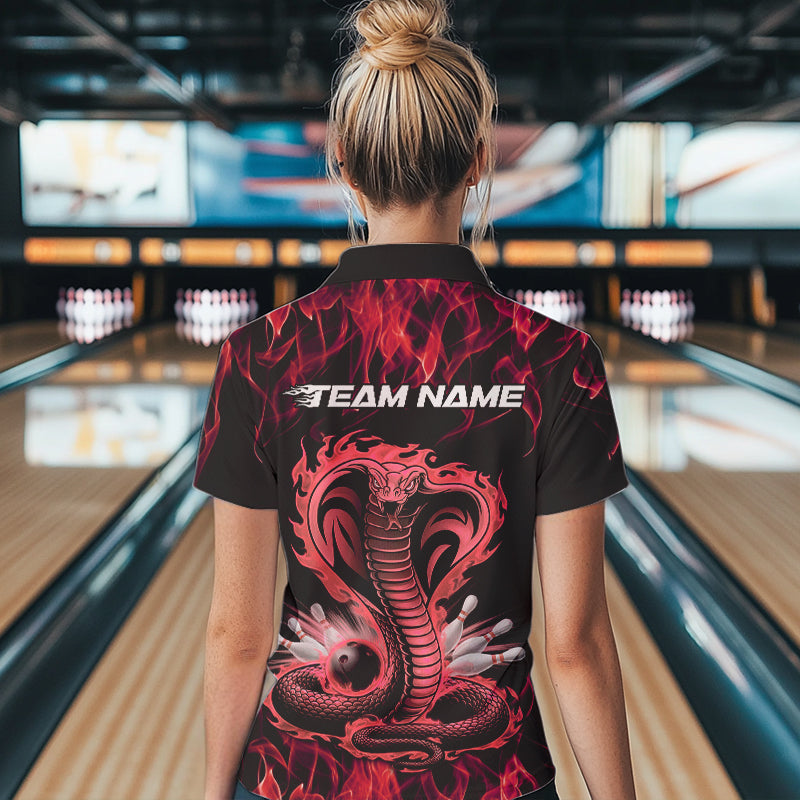 Custom Black And Red Flame Cobra Snake Bowling Polo Shirts For Women, Bowling Team Uniform IPHW8570