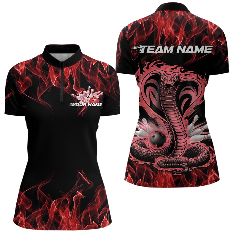 Custom Black And Red Flame Cobra Snake Bowling Womens Quarter-Zip Shirts, Team Uniform IPHW8570