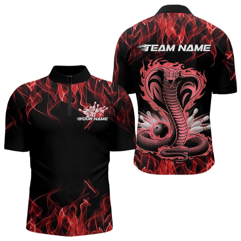 Custom Black And Red Flame Cobra Snake Bowling Quarter-Zip Shirts For Men, Bowling Team Uniform IPHW8570