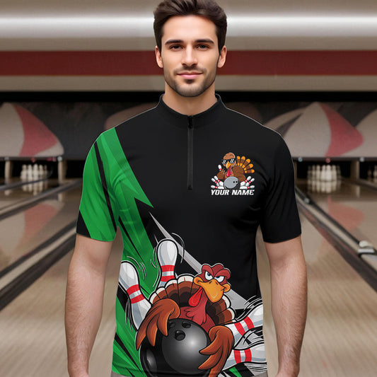 Black And Green Custom Funny Turkey Thanksgiving Bowling Team Quarter-Zip Shirts For Men IPHW8876