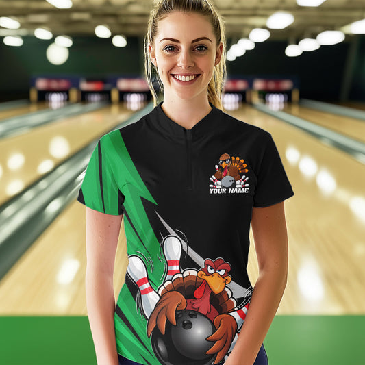 Black And Green Custom Funny Turkey Thanksgiving Bowling Team Quarter-Zip Shirts For Women IPHW8876