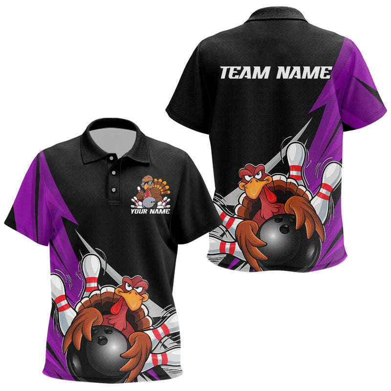Black And Purple Custom Funny Turkey Thanksgiving Bowling Team Polo Shirts For Kid IPHW8877