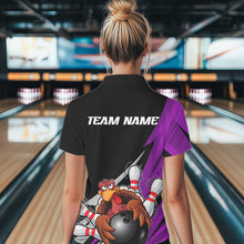 Load image into Gallery viewer, Black And Purple Custom Funny Turkey Thanksgiving Bowling Team Polo Shirts For Women IPHW8877
