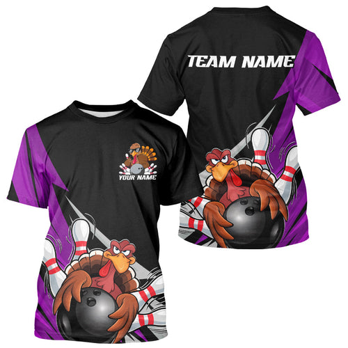 Black And Purple Custom Funny Turkey Thanksgiving Bowling Team T-Shirts For Men IPHW8877