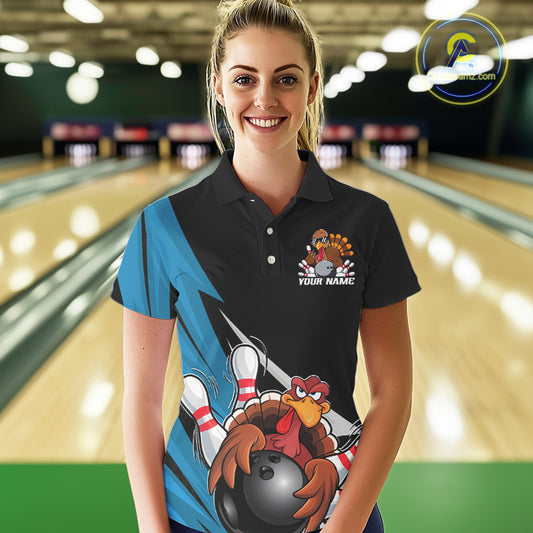 Black And Blue Custom Funny Turkey Thanksgiving Bowling Team Polo Shirts For Women IPHW8878