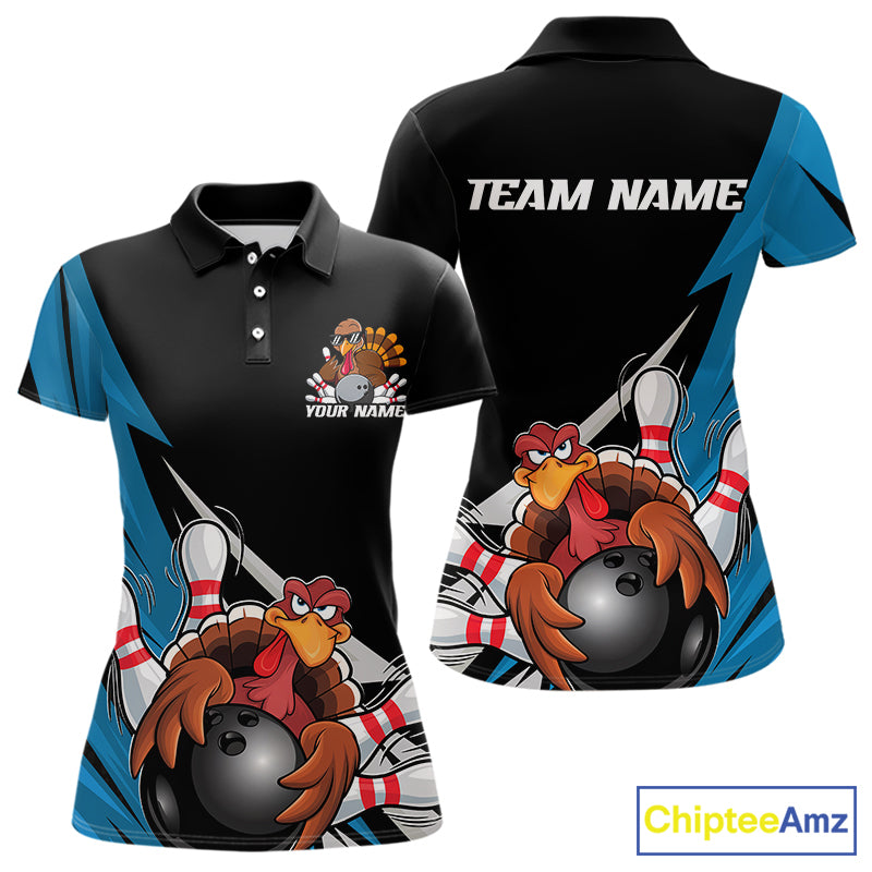 Black And Blue Custom Funny Turkey Thanksgiving Bowling Team Polo Shirts For Women IPHW8878
