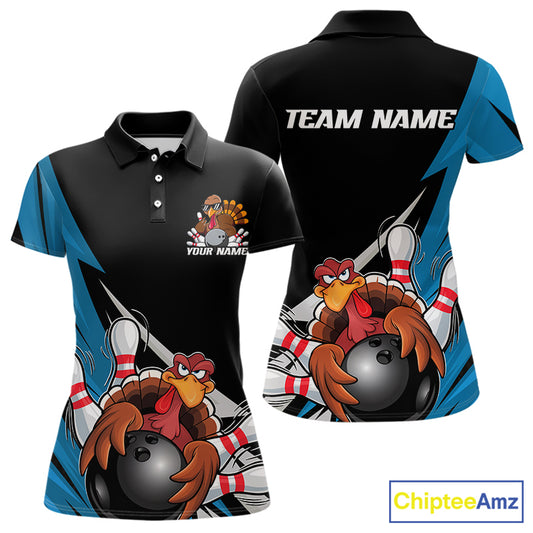 Black And Blue Custom Funny Turkey Thanksgiving Bowling Team Polo Shirts For Women IPHW8878