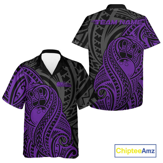 Custom Black And Purple Maori Style Koru Spiral Tribal Men And Women Bowling Hawaiian Team Shirt IPHW10951