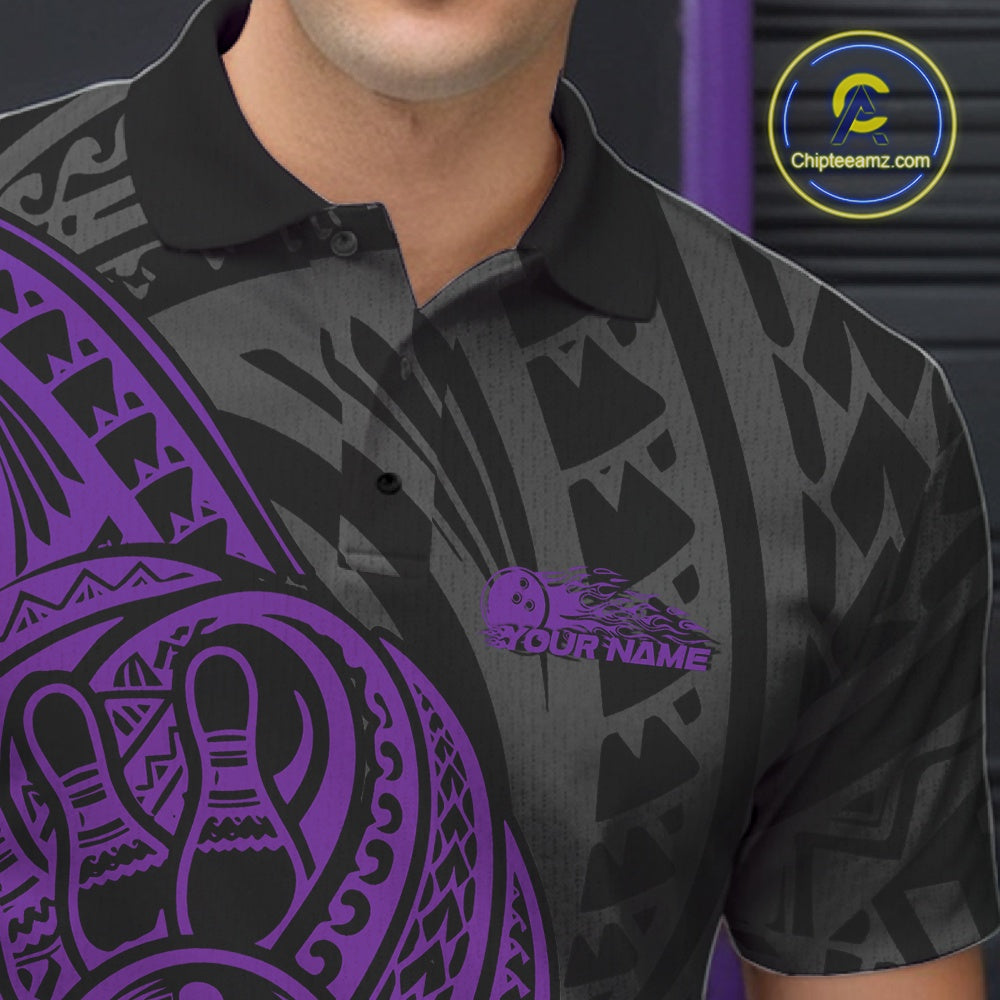 Custom Black And Purple Maori Style Koru Spiral Tribal Men Bowling Polo Team Shirt IPHW10951