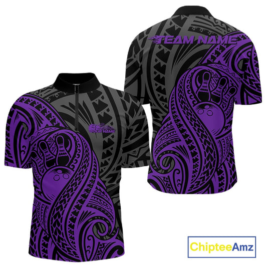 Custom Black And Purple Maori Style Koru Spiral Tribal Men Bowling Quarter-Zip Team Shirt IPHW10951