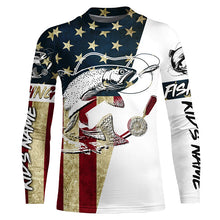 Load image into Gallery viewer, Vintage American Flag Custom Trout Fly Fishing Shirts, Patriotic Trout Fishing Jerseys IPHW6392