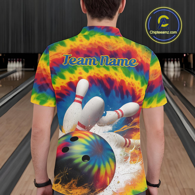 Custom Colorful Tie Dye Bowling Polo Shirts For Men, Rainbow Bowling Outfit IPHW9114