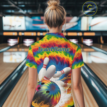 Custom Colorful Tie Dye Bowling Polo Shirts For Women, Rainbow Bowling Outfit IPHW9114