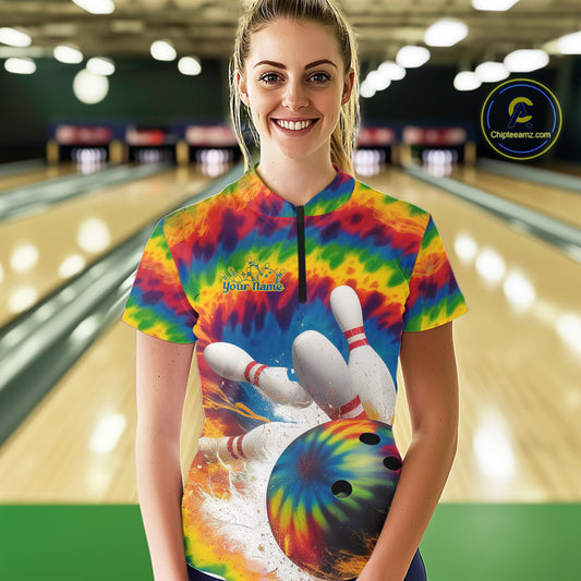 Custom Colorful Tie Dye Bowling Quarter-Zip Shirts For Women, Rainbow Bowling Outfit IPHW9114