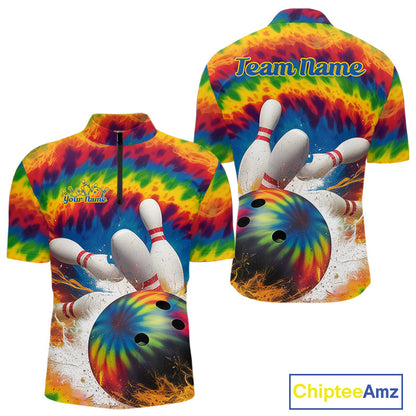 Custom Colorful Tie Dye Bowling Quarter-Zip Shirts For Men, Rainbow Bowling Outfit IPHW9114