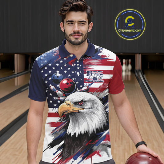 Custom Patriotic Eagle Bowling Shirts For Men, US Flag Bowling League Team Shirt IPHW9476