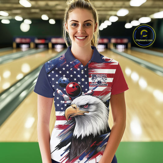Custom Patriotic Eagle Bowling Shirts For Women, US Flag Bowling League Team Shirt IPHW9476