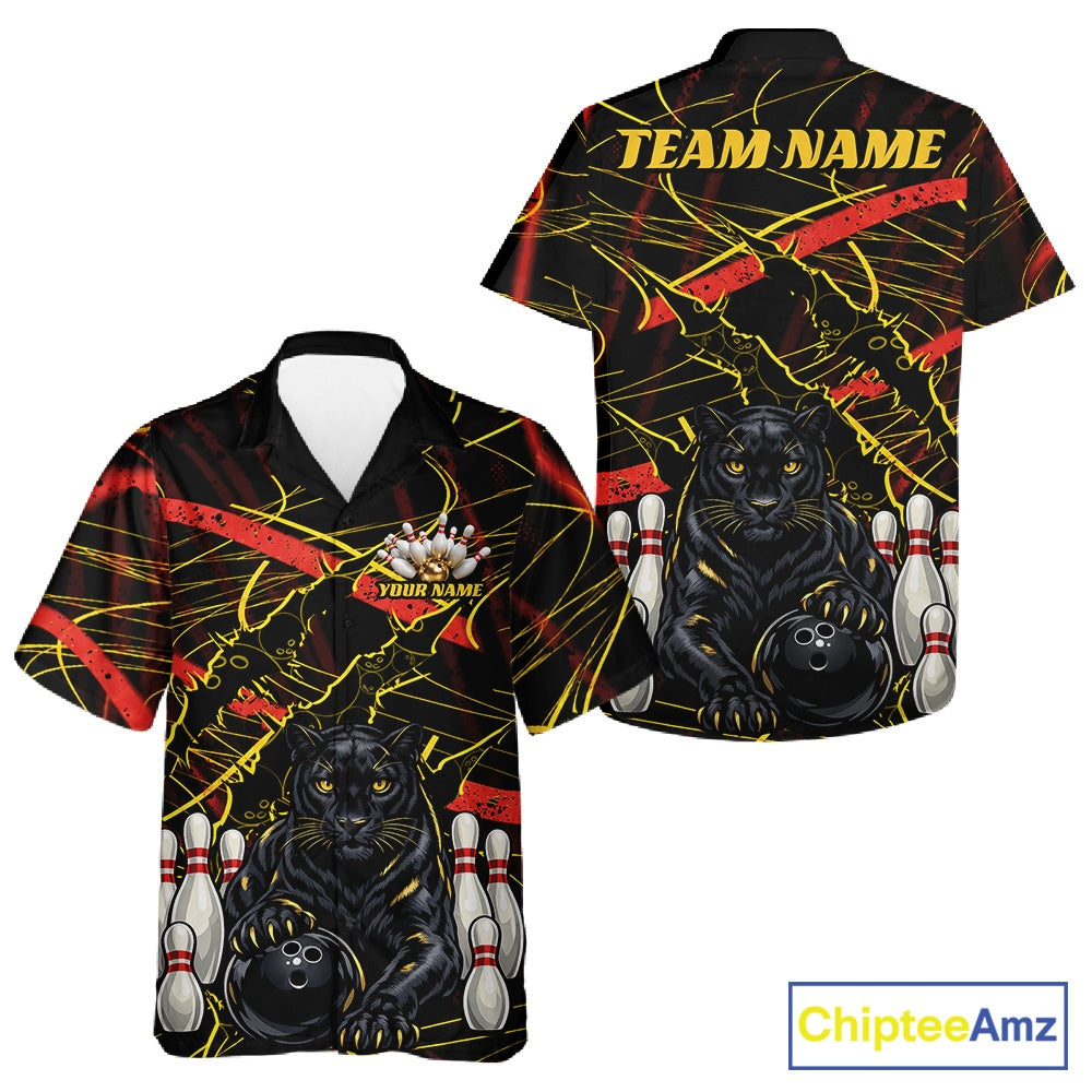 Custom Black, Gold And Red Claw Marks Black Panther Bowling Men And Women Hawaiian Team Shirt IPHW11635