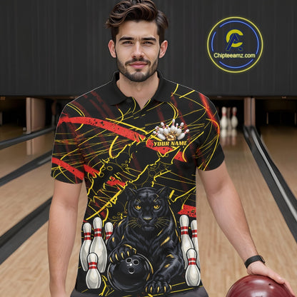 Custom Black, Gold And Red Claw Marks Black Panther Bowling Men Polo Team Shirt IPHW11635