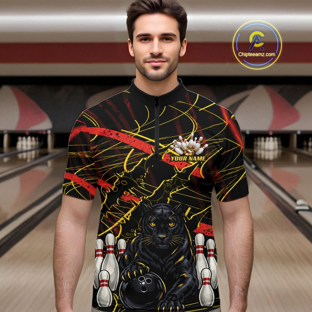 Custom Black, Gold And Red Claw Marks Black Panther Bowling Men Quarter Zip Team Shirt IPHW11635