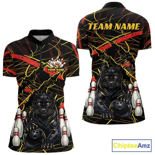 Front and back views of a custom short-sleeve bowling-themed polo shirt on a white background. The shirt features a black background with yellow and red abstract lines, a large black panther graphic holding bowling balls and pins, and customizable text reading 'TEAM NAME' and 'YOUR NAME'.