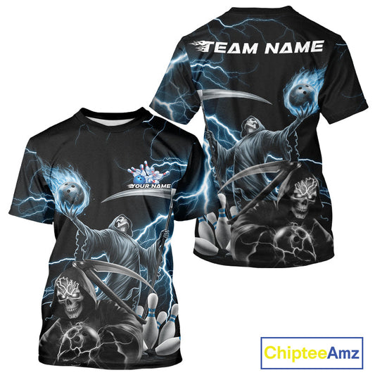 Custom Blue Lightning Grim Reaper Skull Bowling Men T-Shirts Shirt, Halloween Outfit IPHW9848