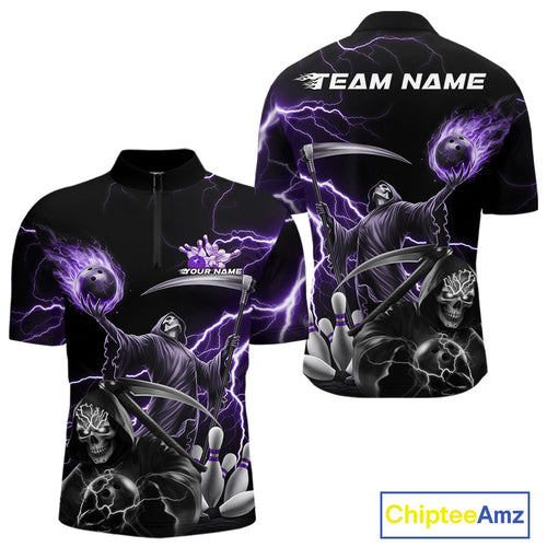 Custom Purple Lightning Grim Reaper Skull Bowling Men Quarter-Zip Shirt, Halloween Outfit IPHW9849