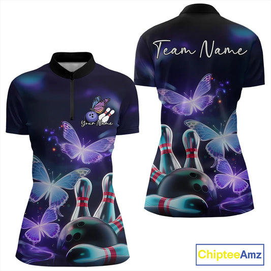 Custom Butterfly Bowling Quarter-Zip Shirts For Women, Bowling Team Shirt With Butterflies IPHW8147