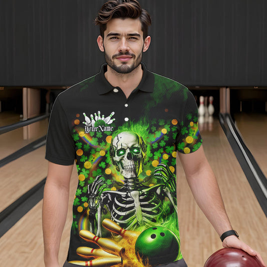 Custom Green Flame Skull Saint Patrick Day Bowling Polo Shirts For Men, Shamrock Bowling IPHW8378