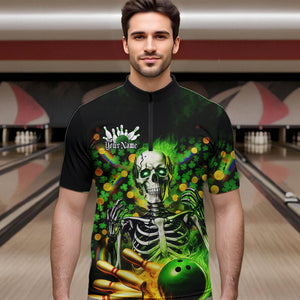 Custom Green Flame Skull Saint Patrick Day Bowling Quarter-Zip Shirts For Men, Shamrock Bowling IPHW8378