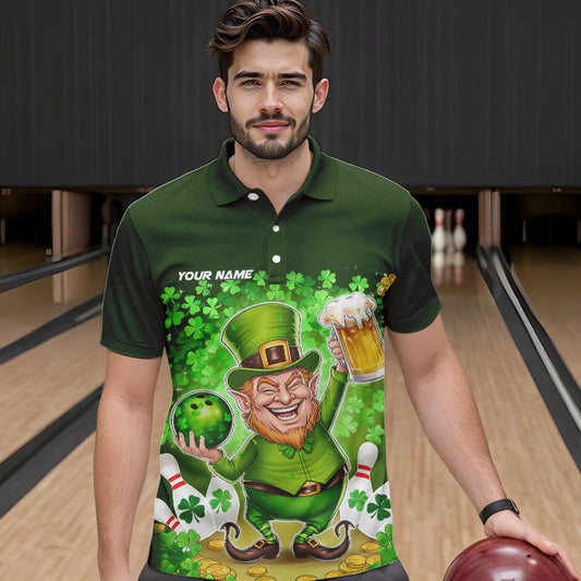 Funny Leprechaun And Beer Custom St Patricks Day Bowling Polo Shirts For Men, Irish Bowling IPHW8382