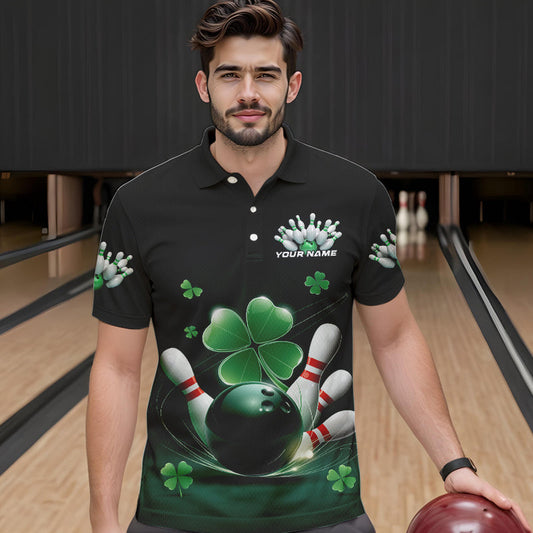 Custom Green Shamprock Saint Patricks Bowling Polo Shirts For Men, Lucky Bowling Team Shirt IPHW8571