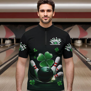 Custom Green Shamprock Saint Patricks Bowling Quarter-Zip Shirts For Men, Lucky Bowling Team Shirt IPHW8571