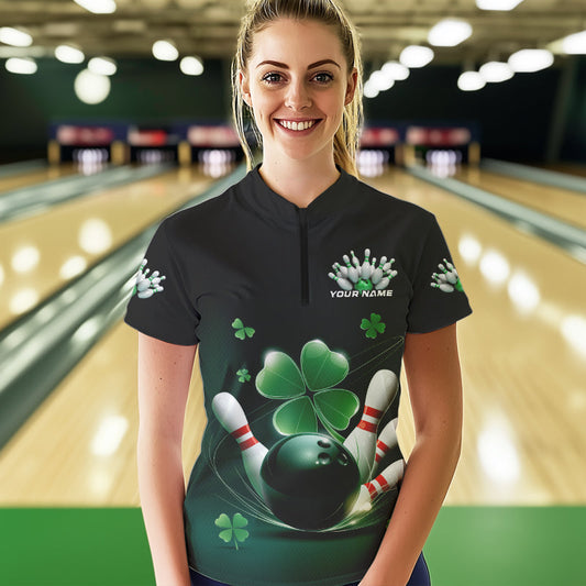 Custom Green Shamprock Saint Patricks Bowling Womens Quarter-Zip Shirt, Lucky Bowling Shirt IPHW8571