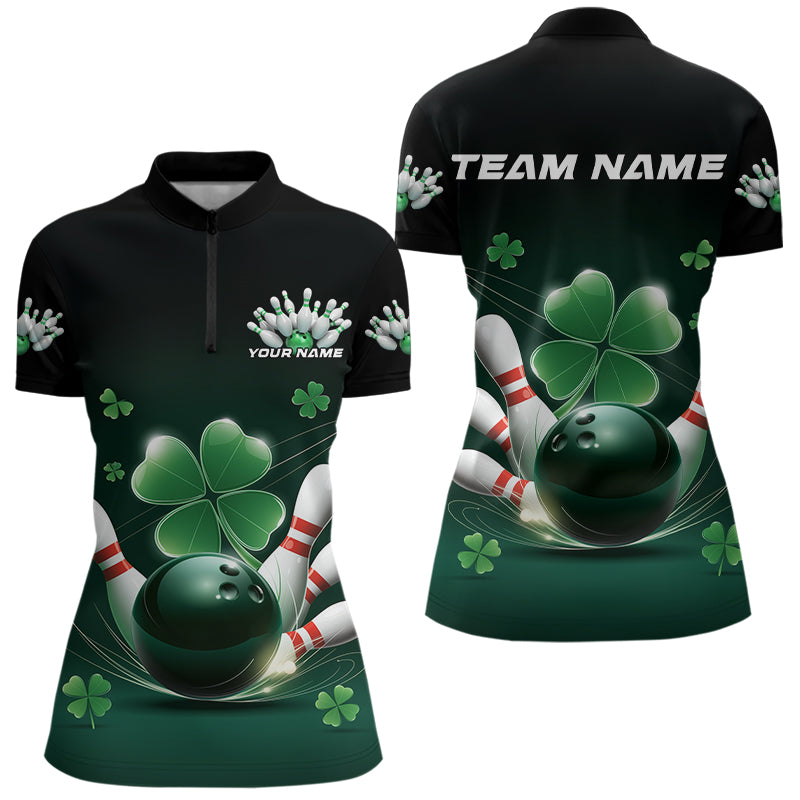 Custom Green Shamprock Saint Patricks Bowling Womens Quarter-Zip Shirt, Lucky Bowling Shirt IPHW8571