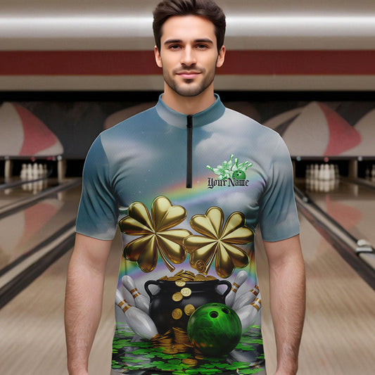 Custom Saint Patricks Day Bowling Quarter-Zip Team Shirts For Men, Lucky Bowling League Shirt IPHW8573