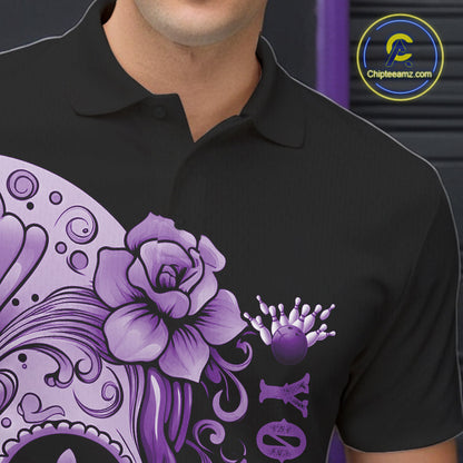 Purple Sugar Skull Tattoo Custom Men Bowling Polo Shirt, Halloween Team Bowling Jerseys IPHW10722