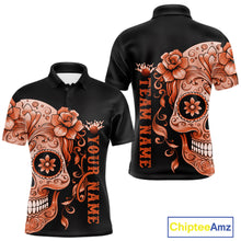 Load image into Gallery viewer, Orange Sugar Skull Tattoo Custom Men Bowling Polo Shirt, Halloween Team Bowling Jerseys IPHW10724