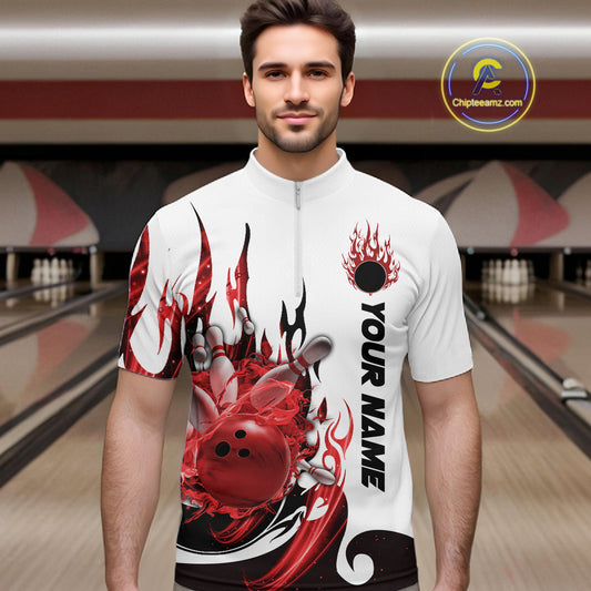 Custom Red Flame Bowling Team Jerseys, Bowling League Quarter-Zip Shirt For Men IPHW10727