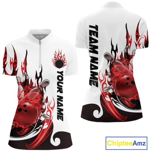 Custom Red Flame Bowling Team Jerseys, Bowling League Quarter-Zip Shirt For Women IPHW10727